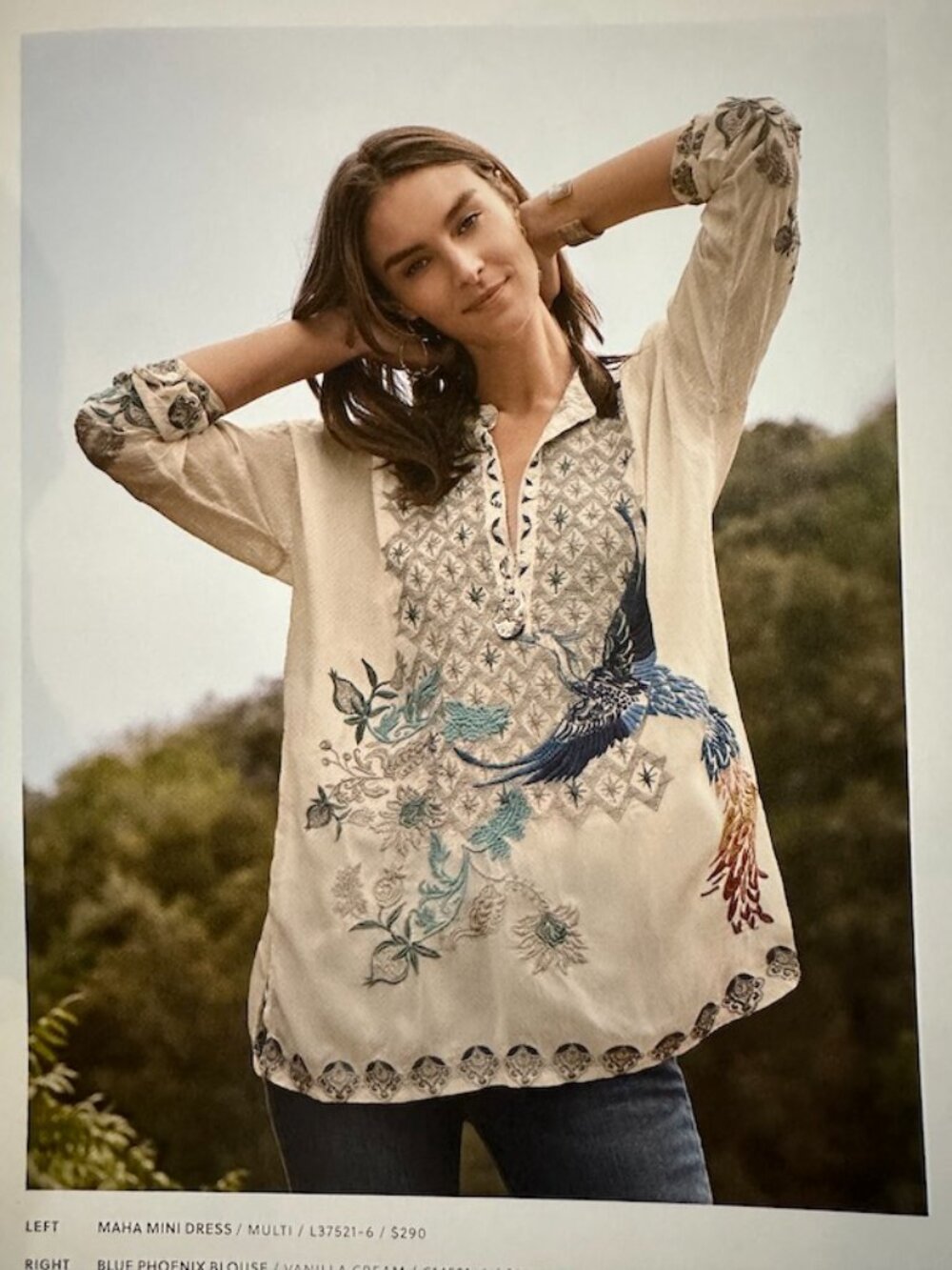 JOHNNY WAS Tunic Top/Blouse BLUE PHOENIX Embroidered HENLEY Cupra RARE $310 Ret